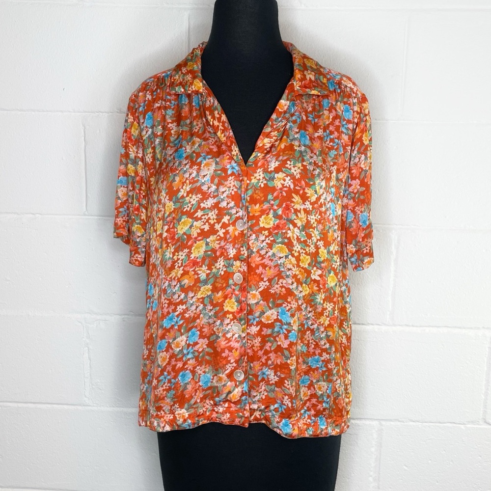 Roller Rabbit Floral Short Sleeve Button Front Blouse Shirt